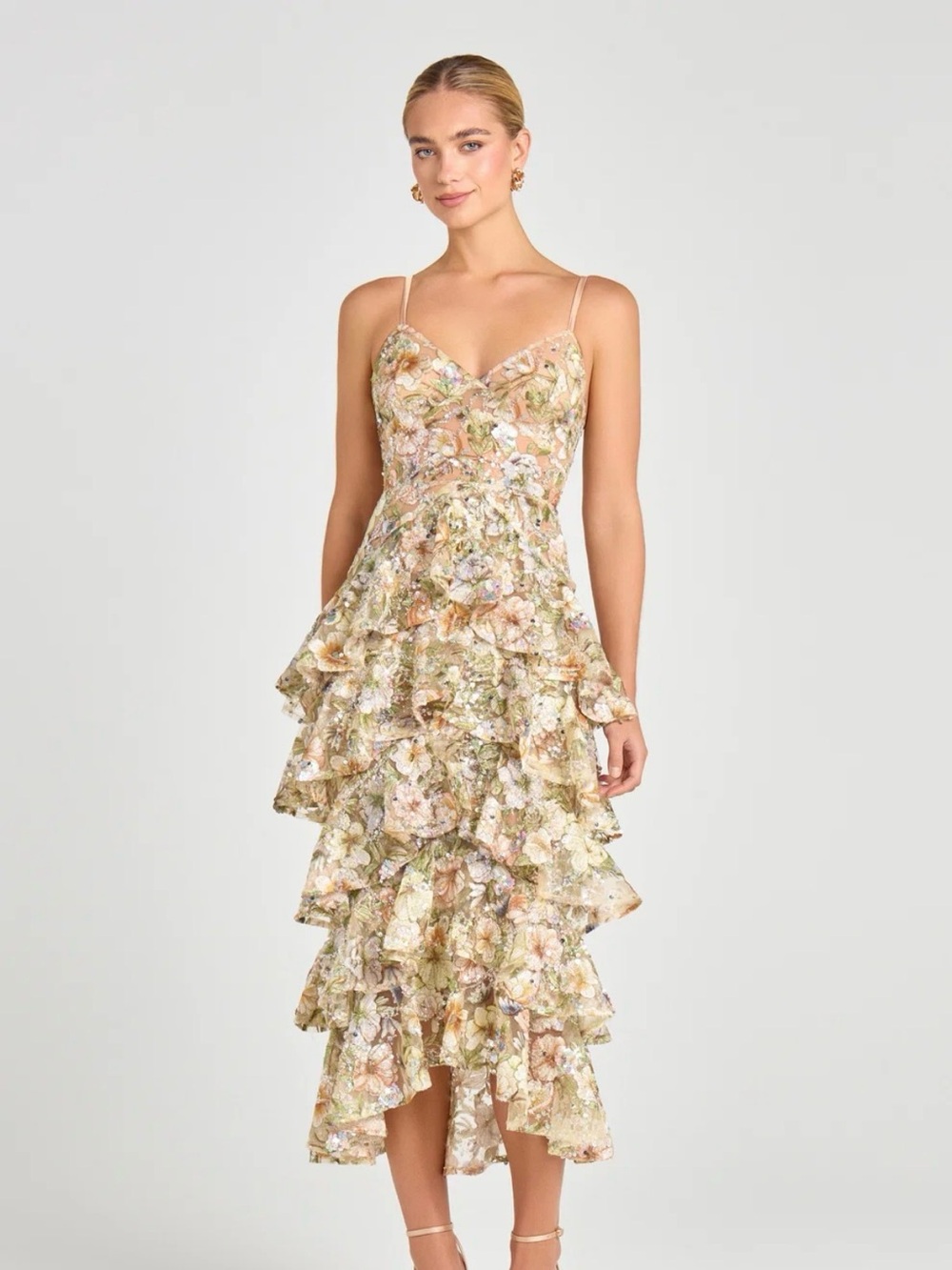 NADINE MERABI SAFFRON Ruffle tiered sequin Hi Low Dress - Beige Green Pink